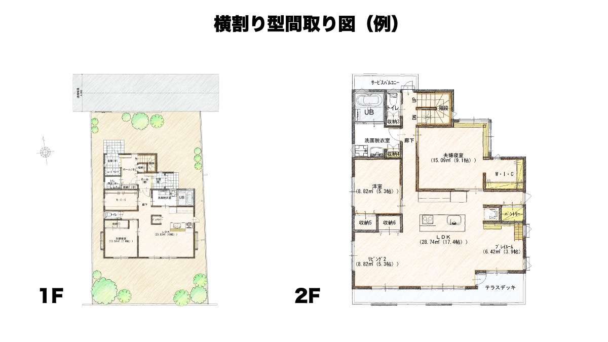 完全分離型二世帯住宅の横割り型間取り図